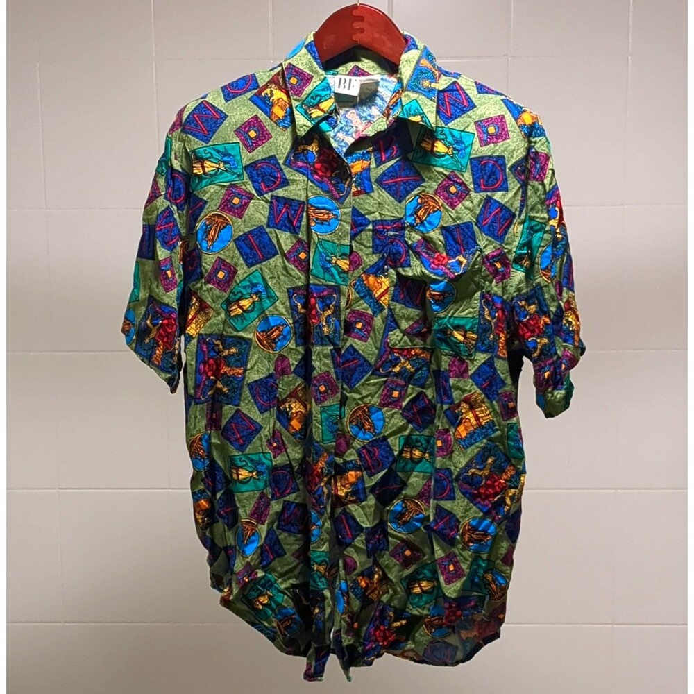 BE Green Blue Geometric Rayon Woven Short Sleeve Button-Up Shirt Men M